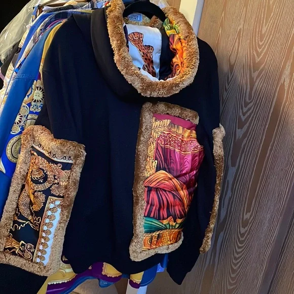Very Rare Versace Pillow Talk Silk Paneled Fringed Hoodie - Picture 2 of 9
